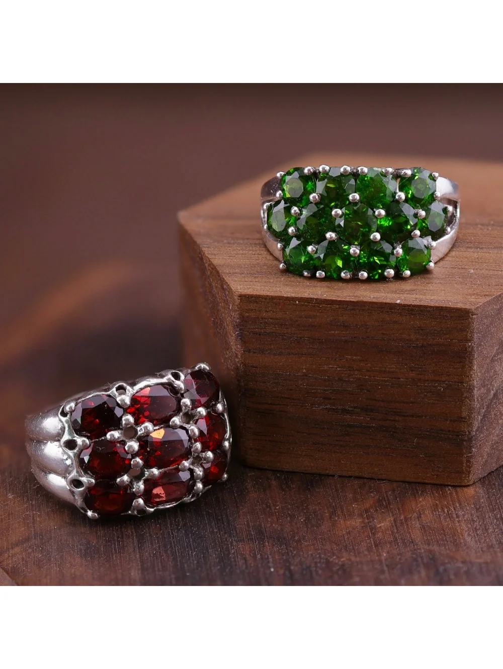 Two Sterling Cluster Statement Rings Deep Red Garnet & Forest Green Diopside 7